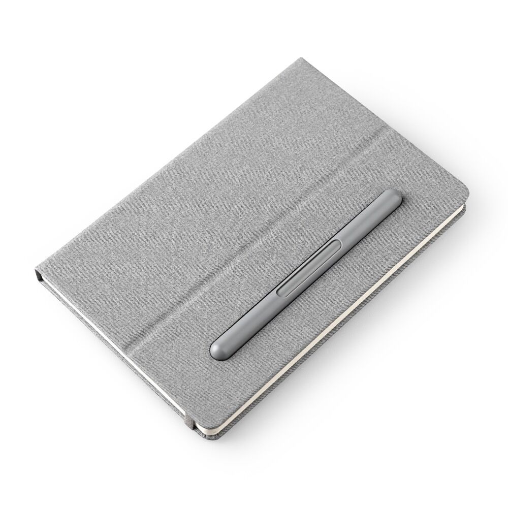 Outside of grey notebook with writing option